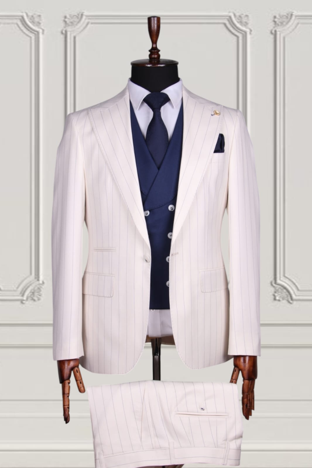 FM4 Cream Stripes 3-Piece Slim Fit Suit