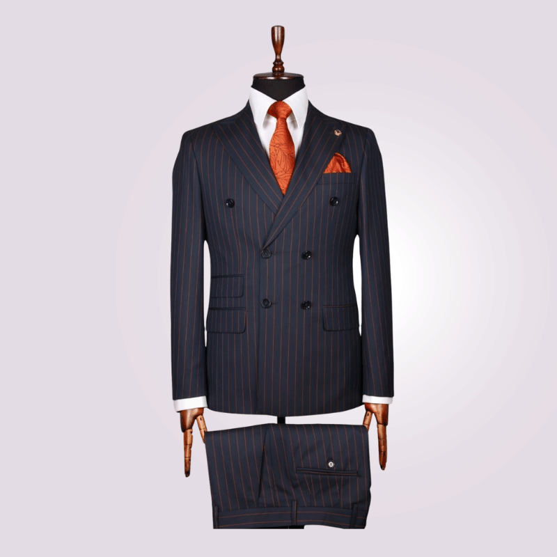Black with Vertical Orange Stripes Pattern Double Breasted Suit