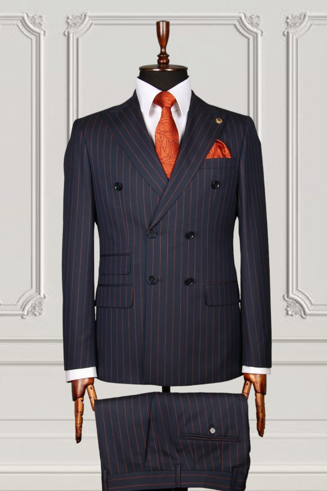 Black with Vertical Orange Stripes Pattern Double Breasted Suit