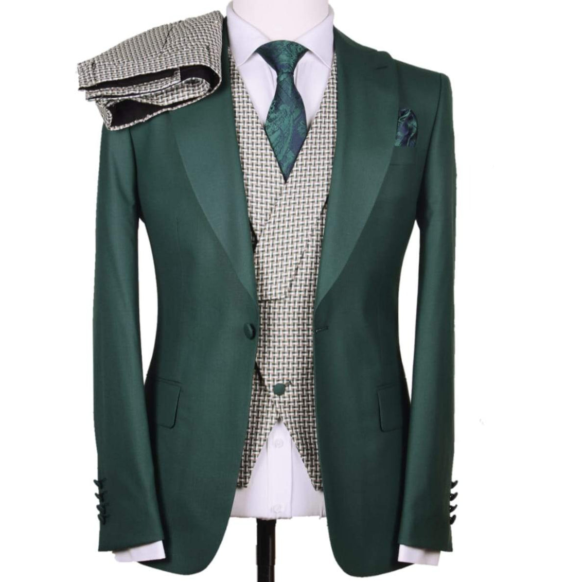 Green and Gray Vest 3-Piece Slim Fit Suit