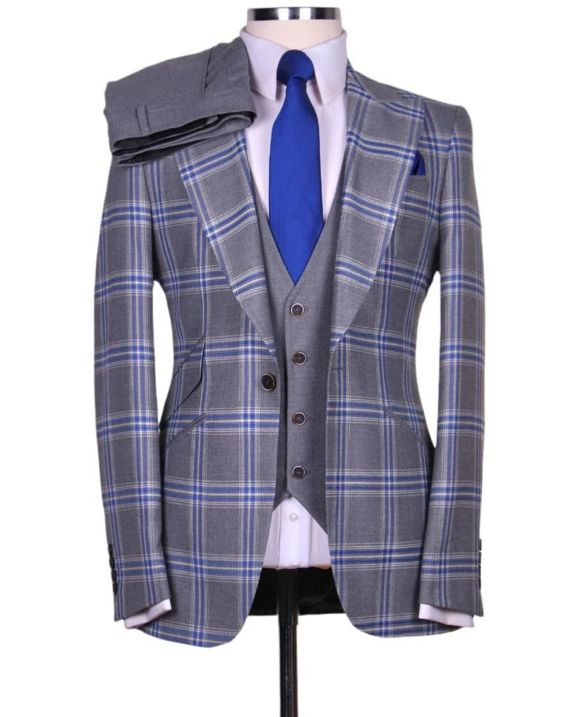 Gray and Blue Windowpane 3-Piece Slim Fit Suit