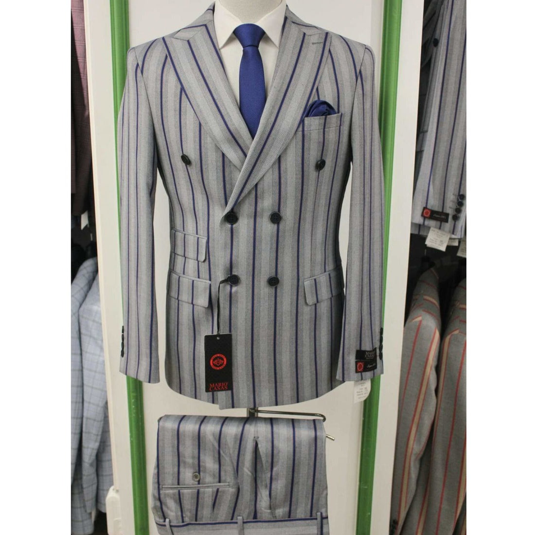 Grey Vertical Stripes Pattern Double Breasted Suit