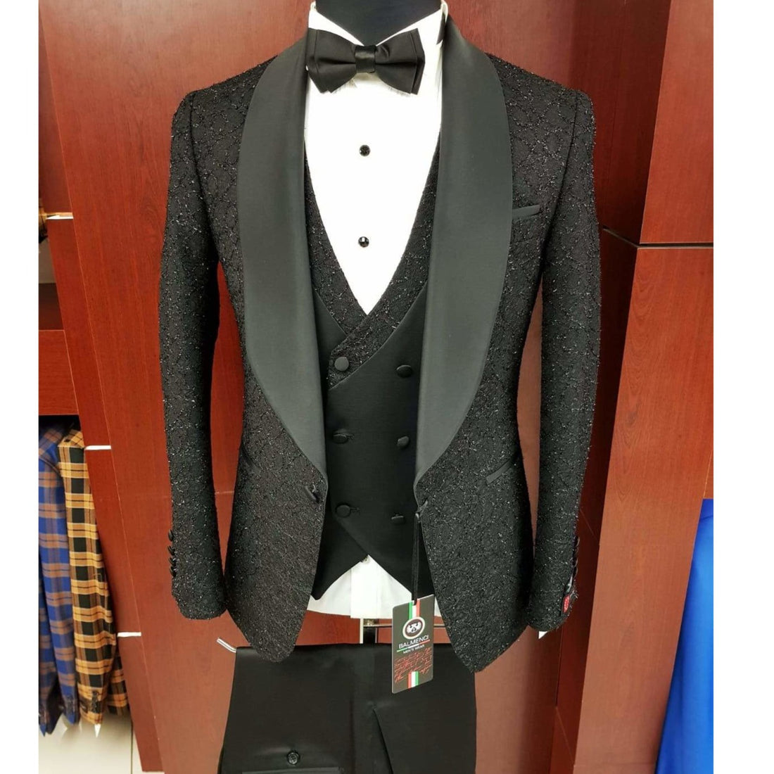 Black Shinny patterned Slim Fit Tuxedo
