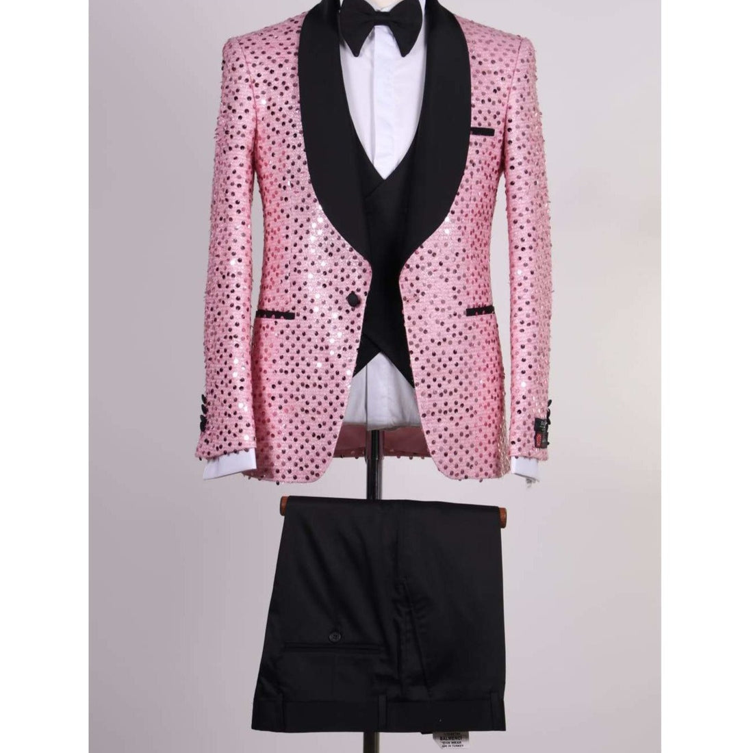 Pink Sequenced With Black Lapel Slim Fit Tuxedo
