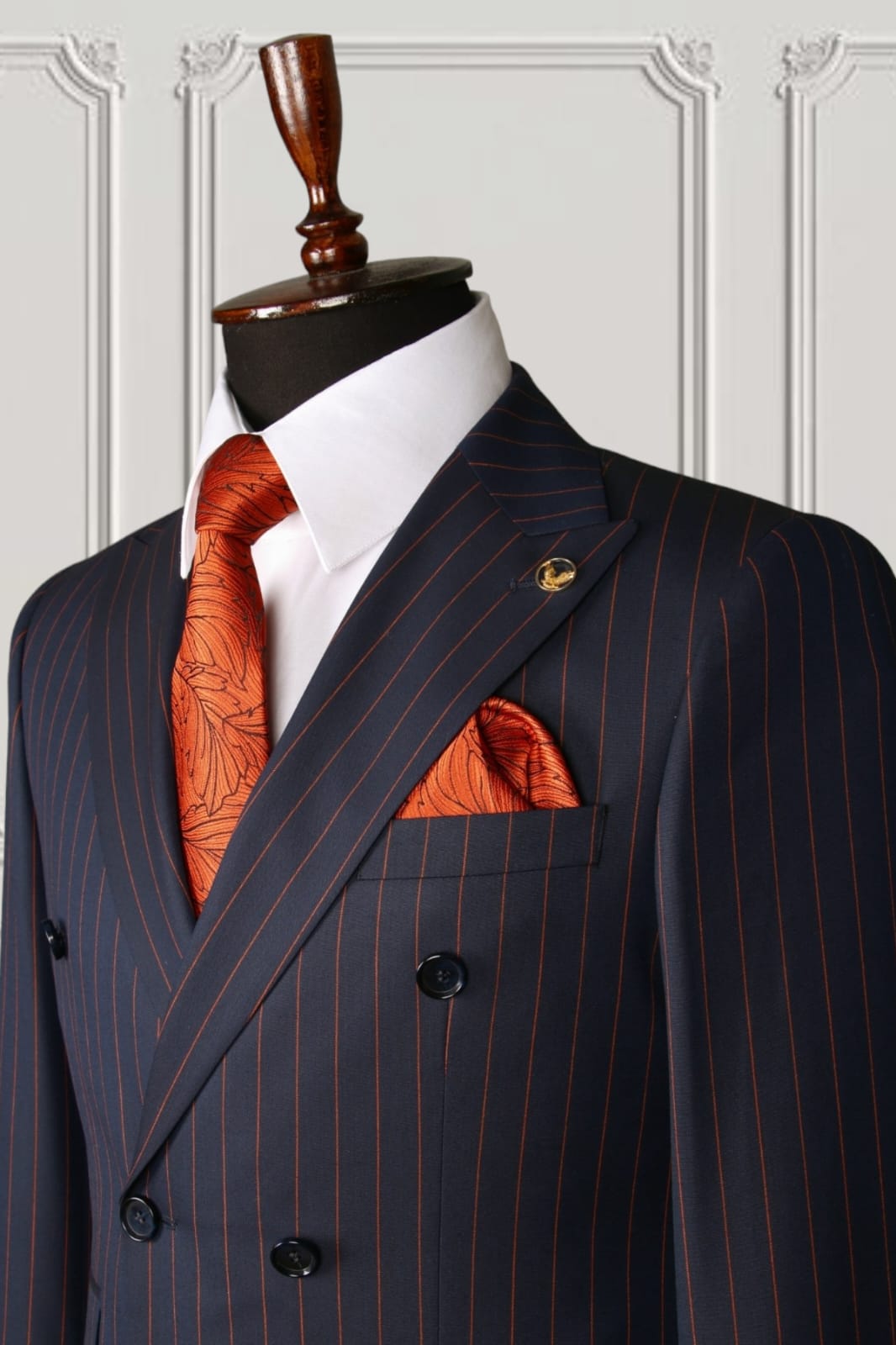 Black with Vertical Orange Stripes Pattern Double Breasted Suit