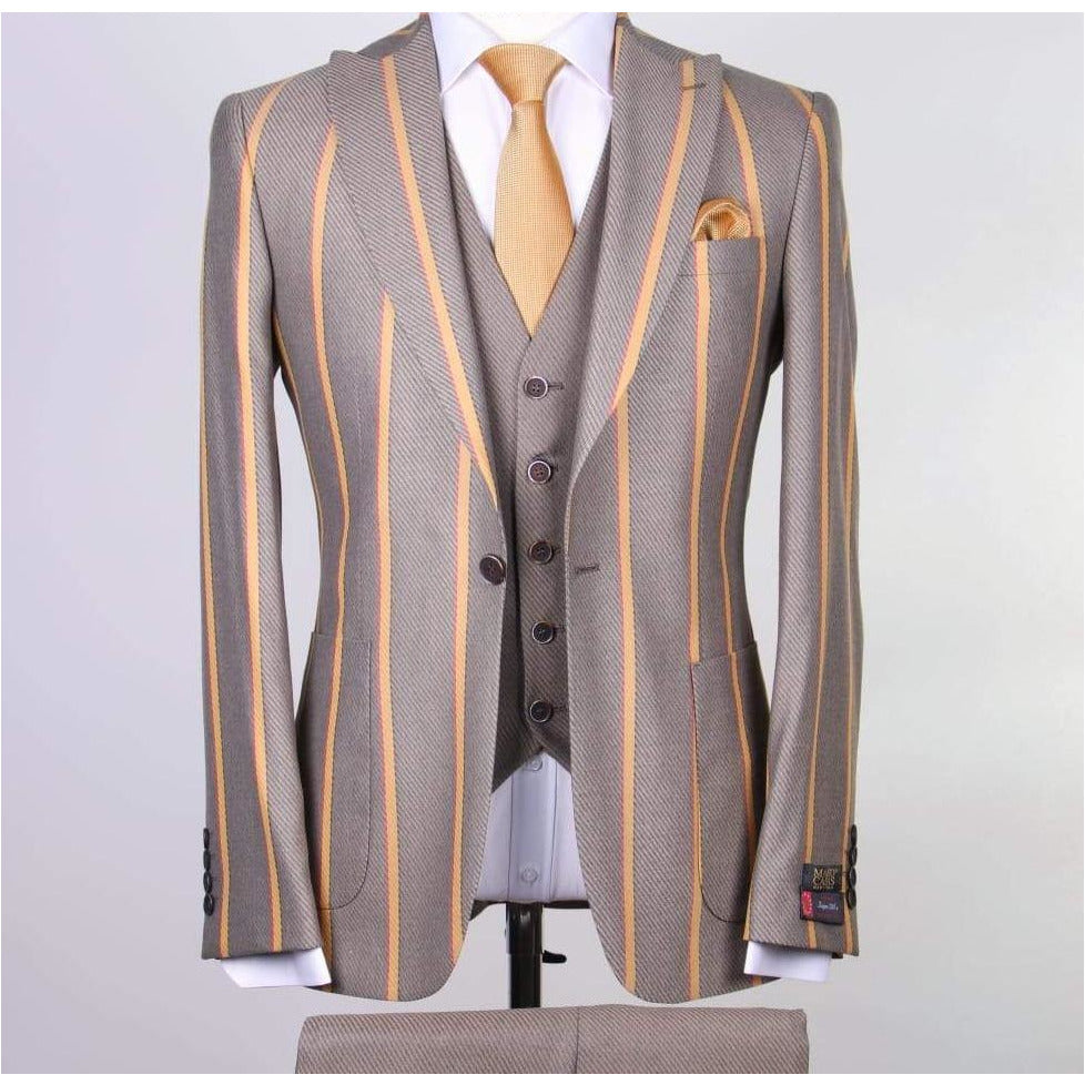 Dusty Gray and Peach Strip 3-Piece Slim Fit Suit
