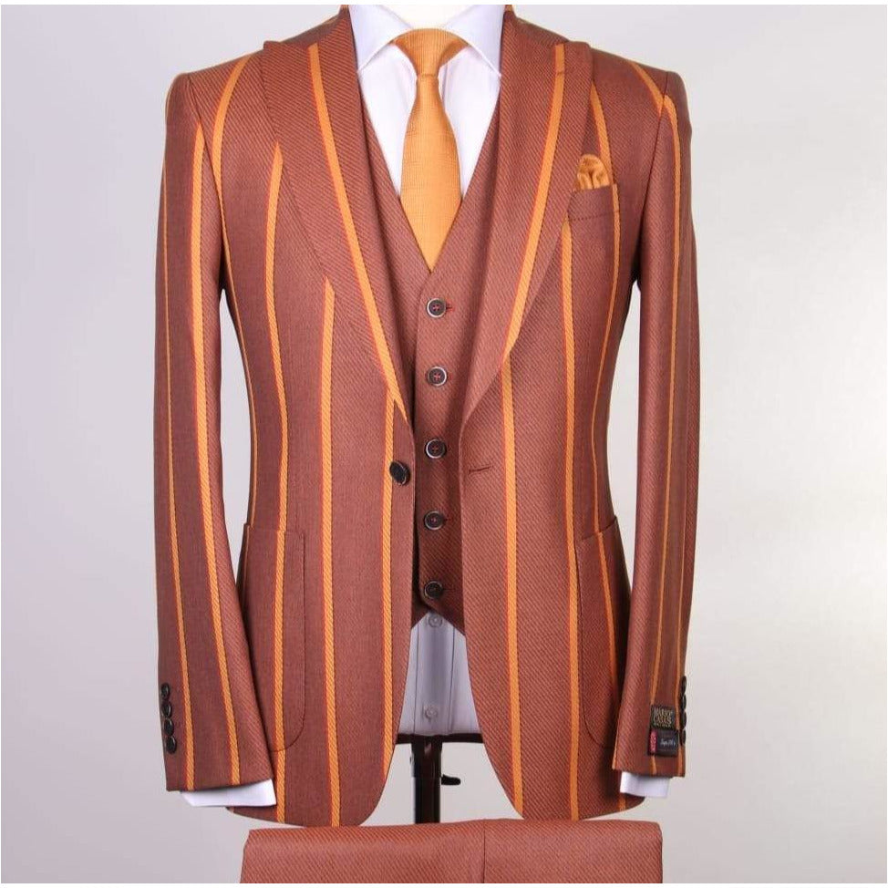 Copper Rust  and Tan Strip 3-Piece Slim Fit Suit